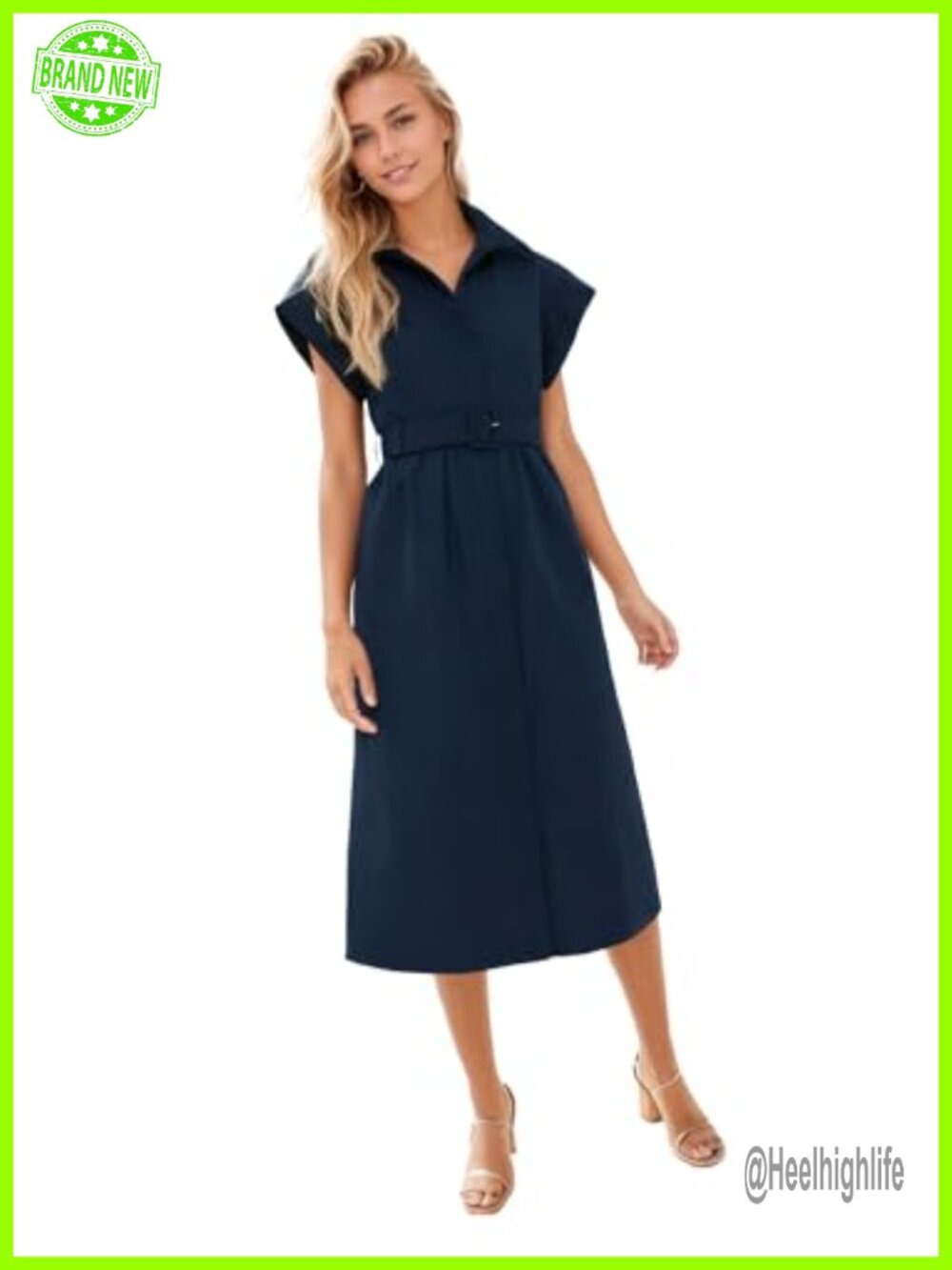 Polyester Cotton Button Down Midi Shirt Dress with Belt Wing Sleeve